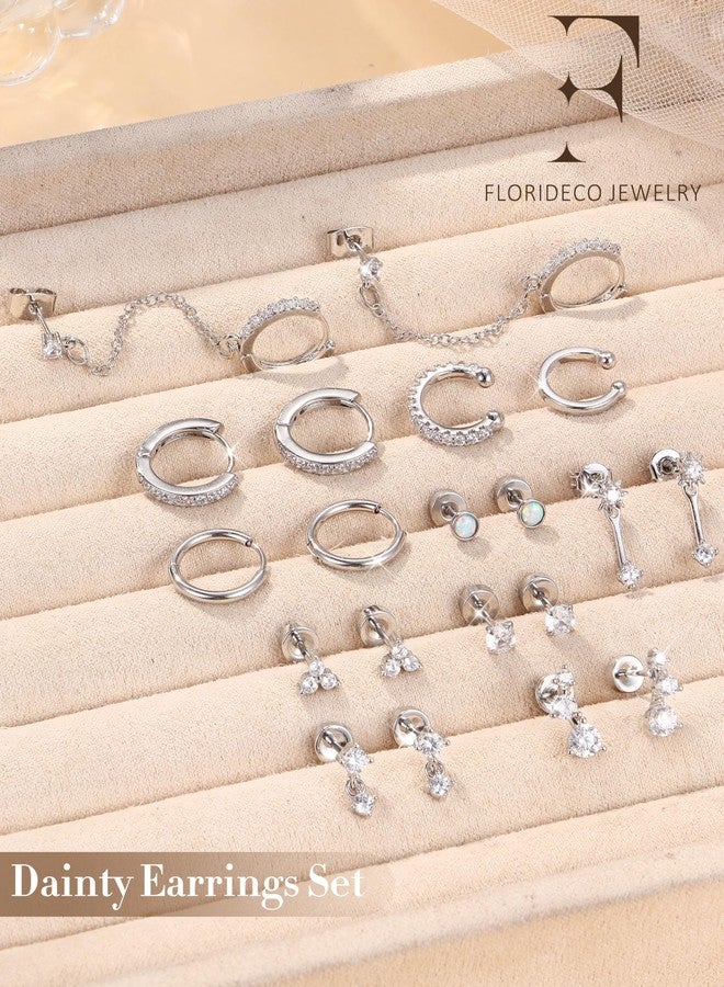 Florideco أقراط فلوريديكو الصغيرة المرصعة للنساء، مطلية بالفضة، مصنوعة من الفولاذ الجراحي المقاوم للصدأ، مضادة للحساسية، ذات ظهر مسطح، أقراط حلقية رقيقة مرصعة، مجموعة أقراط غضروفية متعددة الثقوب - Image 3